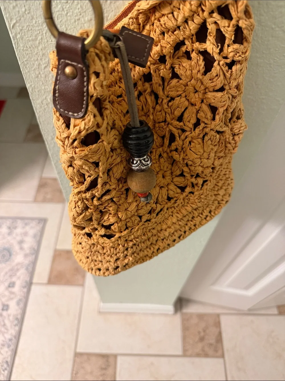 Boho Crochet Crossbody Bag in Mustard Yellow with Brown Strap